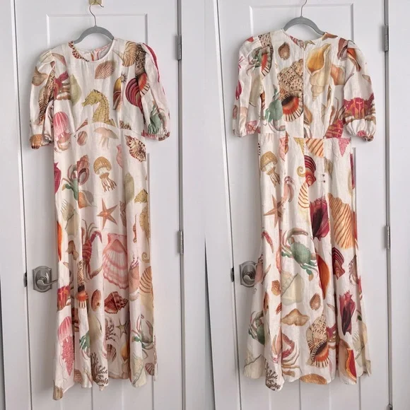 ALEMAIS Atlantic Linen Seashell Print Puff Sleeve Midi Dress NEW with tags - Picture 3 of 8